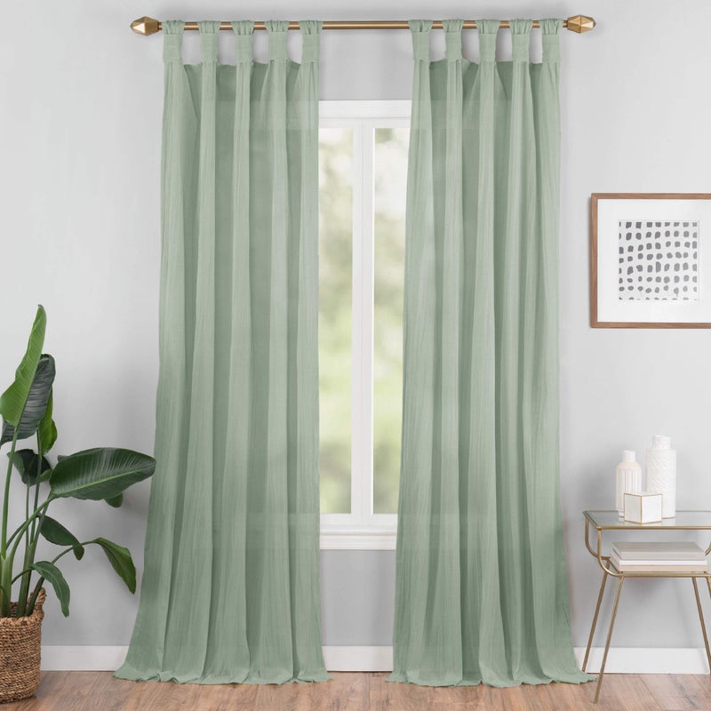VUE Semi-Sheer Curtains for Bedroom - Priya 50" x 63" Light Filtering Single Panel Tab Top Window Treatment for Living Room, Green - Image 1